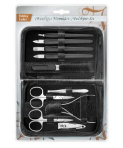 Manicureset Clauss 10-delig in zwart lederen etui met       ritssluiting.
