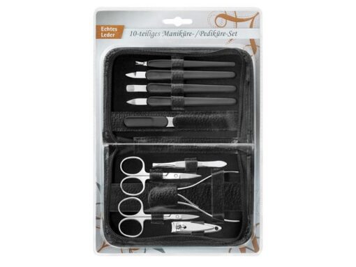 Manicureset Clauss 10-delig in zwart lederen etui met       ritssluiting.