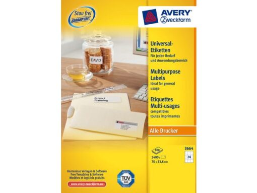 Etiket Avery ILK 70x33,8mm 100 vel 24 etiketten per vel wit