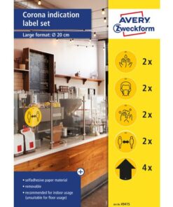 Avery Stickerset coronacommunicatie Ø200 mm Zweckform, 5          ontwerpen gl/zw afneembaar, 12 labels, 12 vel