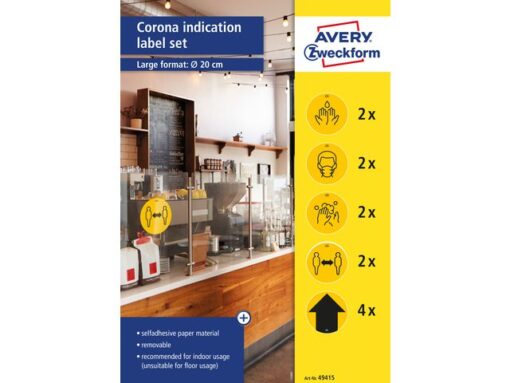 Avery Stickerset coronacommunicatie Ø200 mm Zweckform, 5          ontwerpen gl/zw afneembaar, 12 labels, 12 vel