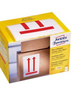 Waarschuwings etiket Avery 'This way up'  op rol in dispenser  74x100mm