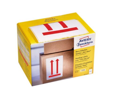 Waarschuwings etiket Avery 'This way up'  op rol in dispenser  74x100mm
