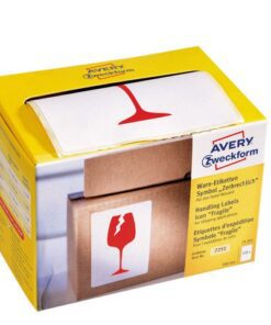 Waarschuwings etiket Avery 'Fragile' op rol in dispenser    74x100mm