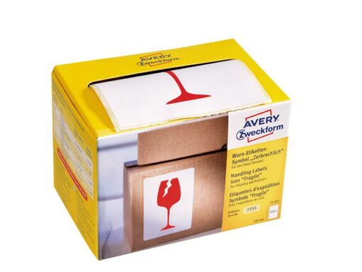 Waarschuwings etiket Avery 'Fragile' op rol in dispenser    74x100mm
