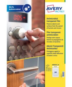 Antimicrobiële sticker Avery 30x30,20x20,25x10mm transp.    permanent. Totaal 680 stickers (10 vel)
