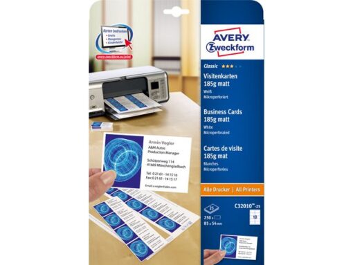 Visitekaartjes Avery 85x54mm 185gr wit 25 vel 10 kaarten    per vel