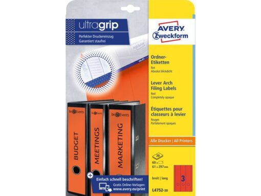 Ordnerrugetiket Avery 297x61mm rood 20 vel 3 etiketten per  vel