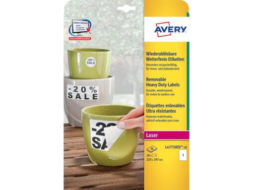 Weerbestendig etiket Avery NP 210x297mm 20 vel 1 etiketten  per vel