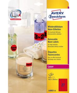 Laseretiket Avery 63,5x29,6mm 25 vel 27 etiketten per vel   neonrood
