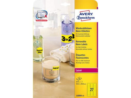 Laseretiket Avery 63,5x29,6mm 25 vel 27 etiketten per vel   neongeel
