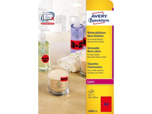 Laseretiket Avery 210x297mm 25 vel 1 etiket per vel neonrood