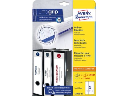 Ordnerrugetiket Avery 297x59mm 25 vel 3 etiketten per vel   wit