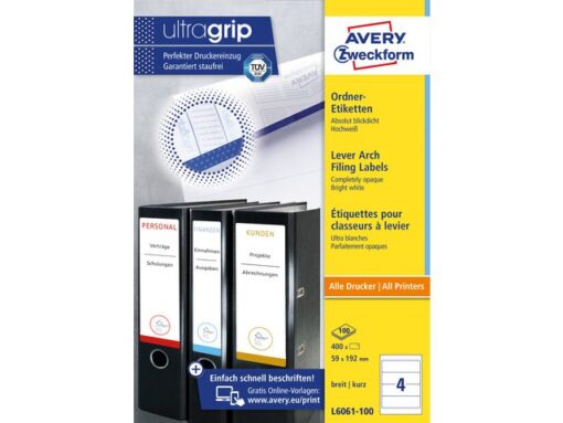 Ordnerrugetiket Avery 192x59mm 100 vel + 5 vel extra 4      etiketten per vel wit
