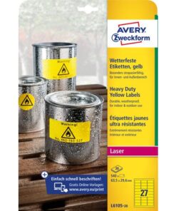Laseretiket Avery 63,5x29,6mm geel 20 vel 27 etiketten per  vel