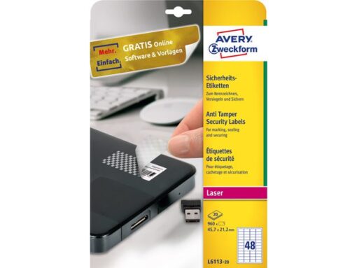 Veiligheidsetiket Avery 45,7x21,2mm wit 20vel 48 etiketten  per vel