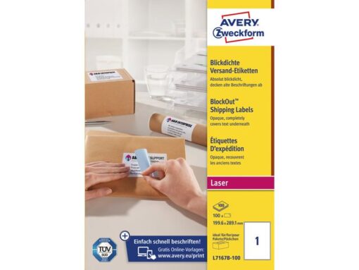 Verzendetiket Avery Block-out, 199,6x289,1mm wit doos 100   vel, 1 etiketten per vel