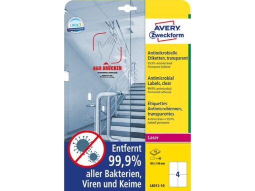 Avery Bedrukbaar antimicrobiëel etiket Zweckform 105x148mm, transp. 40 etiketten, 10 vel, perm.