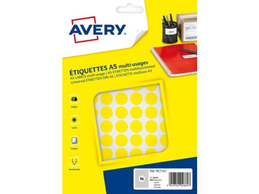 Etiket Avery A5 15mm rond - blister 168st geel