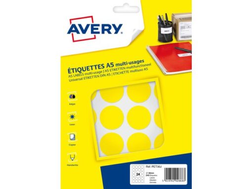 Etiket Avery A5 30mm rond - blister 240st geel