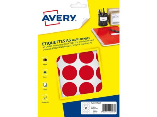 Avery PET30R verpakking met 240 markeringspunten - diameter 30 mm - A5-vel - Rood