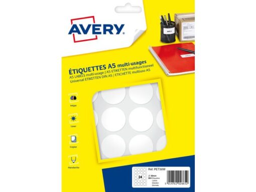 Etiket Avery A5 30mm rond - blister 240st wit