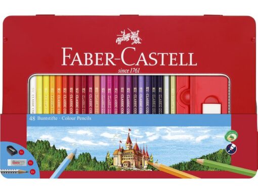 Faber Castell Kleurpotlood Faber-Castell Castle zeskantig metalen etui 48 stuks met accessoires