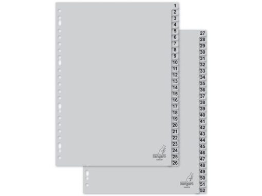 Kangaro KTC Tabblad Kangaro A4 cijfers PP 120 micron grijs 23-gaats 52-delig
