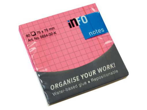 Info Notes 75x75mm fel roze blok a 80 vel ruitjes