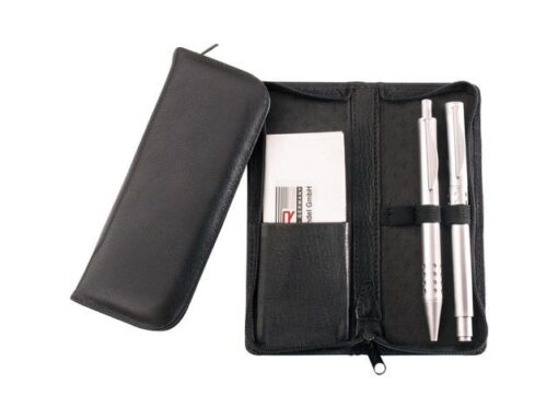 Alassio Pennenetui voor 3 stuks zwart leer met ritssluiting 15 x    6,5 x 2 cm