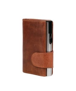 Pasjeshouder Clicksafe buffelleer cognac/zilver RFID 8 pasjes met opbergvak voor muntgeld