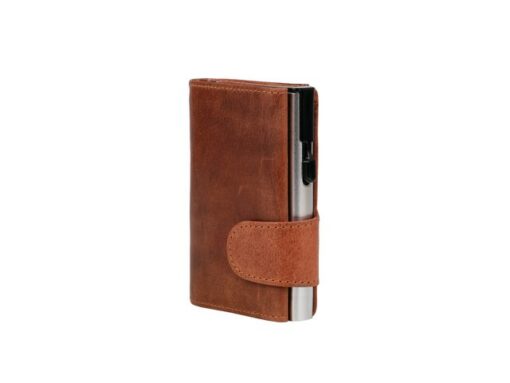 Pasjeshouder Clicksafe buffelleer cognac/zilver RFID 8 pasjes met opbergvak voor muntgeld