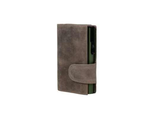 Pasjeshouder Clicksafe jachtleer grijs/groen RFID 8 pasjes met opbergvak voor muntgeld