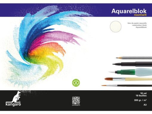 Aquarelpapier Kangaro blok A3 300 grams 16 vel, roomwit 3 zijden gelijmd