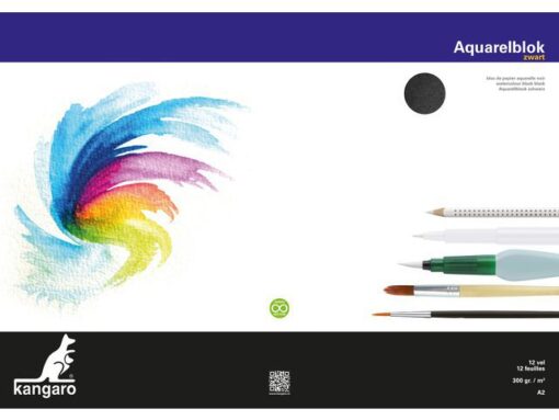 Aquarelpapier Kangaro blok A2 300 gram 12 vel zwart, 3      zijden verlijmd