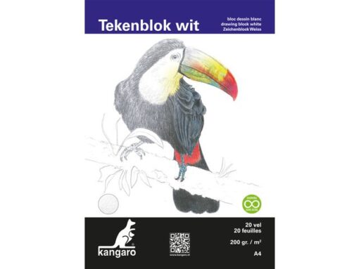 Tekenblok Kangaro A4, 200 grams, 20 vel, wit, fijne korrel, kopgelijmd