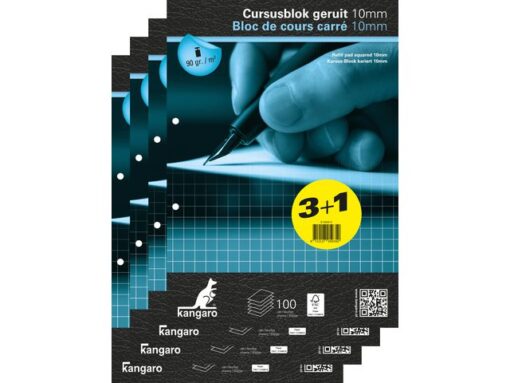 Kangaro KTC Cursusblok Kangaro A4 ruit 10mm 90 grams 100 vel pak 4 stuks