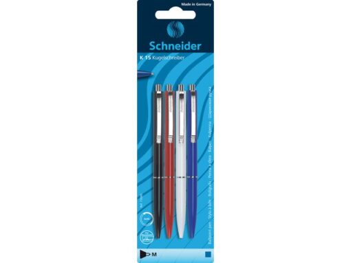 Balpen Schneider K15 navulbaar drukknop assorti 4 stuks op  blister