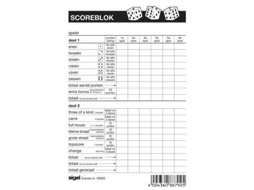 Scoreblok Sigel voor yahtzee - 105x148mm 100 blad
