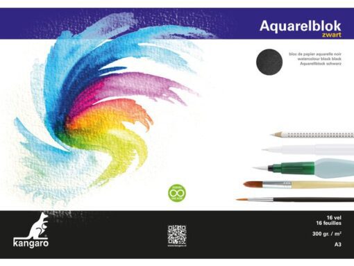 Aquarelpapier Kangaro blok A3 300 gram 16 vel zwart, 3      zijden verlijmd