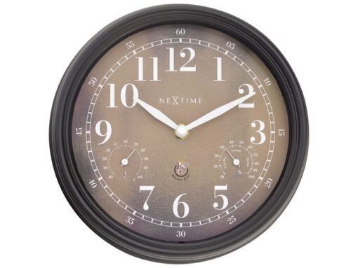 Buitenklok Nextime dia 23,5 cm Jasmine met thermo- en       hydrometer cijfers, zwarte rand kopere wijzerplaat plastic