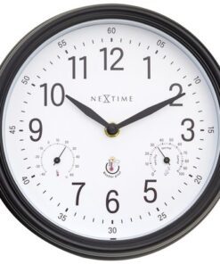 Buitenklok Nextime dia 23,5cm Jasmine met thermo- en        hydrometer cijfers, zwarte rand witte wijzerplaat plastic