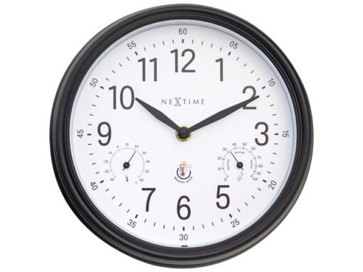 Buitenklok Nextime dia 23,5cm Jasmine met thermo- en        hydrometer cijfers, zwarte rand witte wijzerplaat plastic