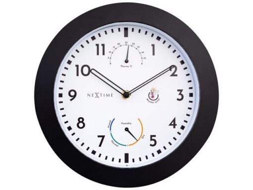 Buitenklok Nextime dia 25,5cm Daisy met thermo- en          hydrometer cijfers, zwarte rand witte wijzerplaat plastic