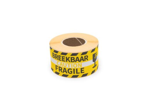 Gevaaretiket Raadhuis 46x125mm rol 250 stuks Fragile        caution EN/NL geel