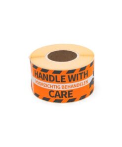 Gevaaretiket Raadhuis 46x125mm rol 250 stuks Handle with    care EN/NL oranje