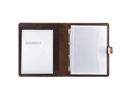Schrijf/documentenmap Alassio A4. 4 ringsmechaniek Leer     bruin 36x28x4,5cm met slot