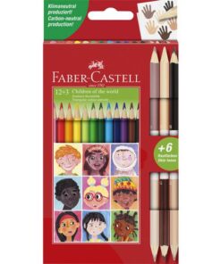 Faber Castell Kleurpotlood Faber-Castell Driekant karton etui 12+3 stuks Children of the world. 12x driekant kleurpotloden + 3x dubbelzijdige huidskleurpotloden (6kleuren)