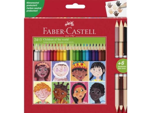 Faber Castell Kleurpotlood Faber-Castell Driekant karton etui 24+3 stuks Children of the world. 24x driekant kleurpotloden + 3x dubbelzijdige huidskleurpotloden (6kleuren)