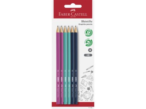 Faber Castell Potlood Faber-Castell 1111 HB 6 stuks op blister kleuren:   roze, aqua en d.blauw